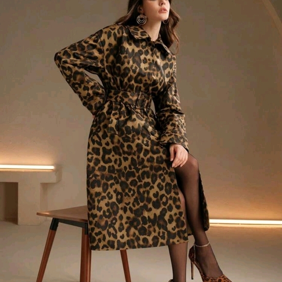 Retro European & American Leopard Print LongSleeve Slim Fit Windbreaker Overcoat - Picture 2 of 4